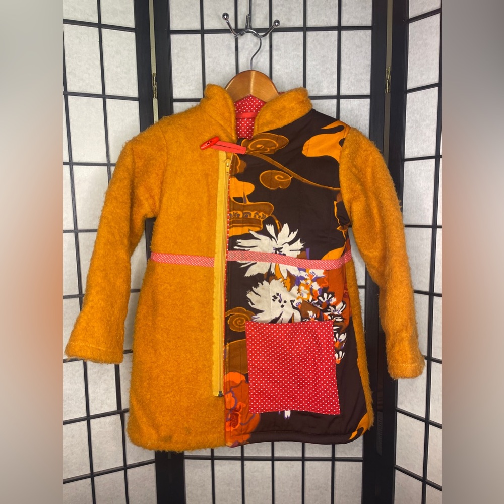 Vintage Child’s Sherpa Orange Patchwork Floral Polka Dot Jacket Coat